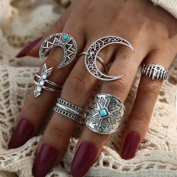 **FERNLEY* 6-Pc Silver x Blue Moon Fashion Ring Set - Picture 1 of 8